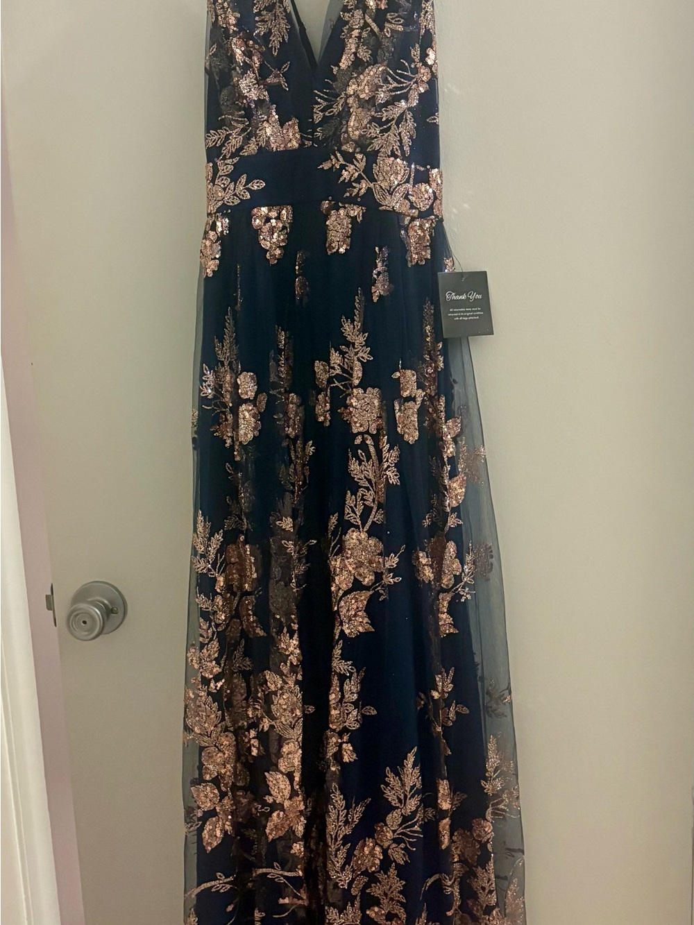 Dark Blue Gown with sparkly Rose Gold Floral Sequins- never worn